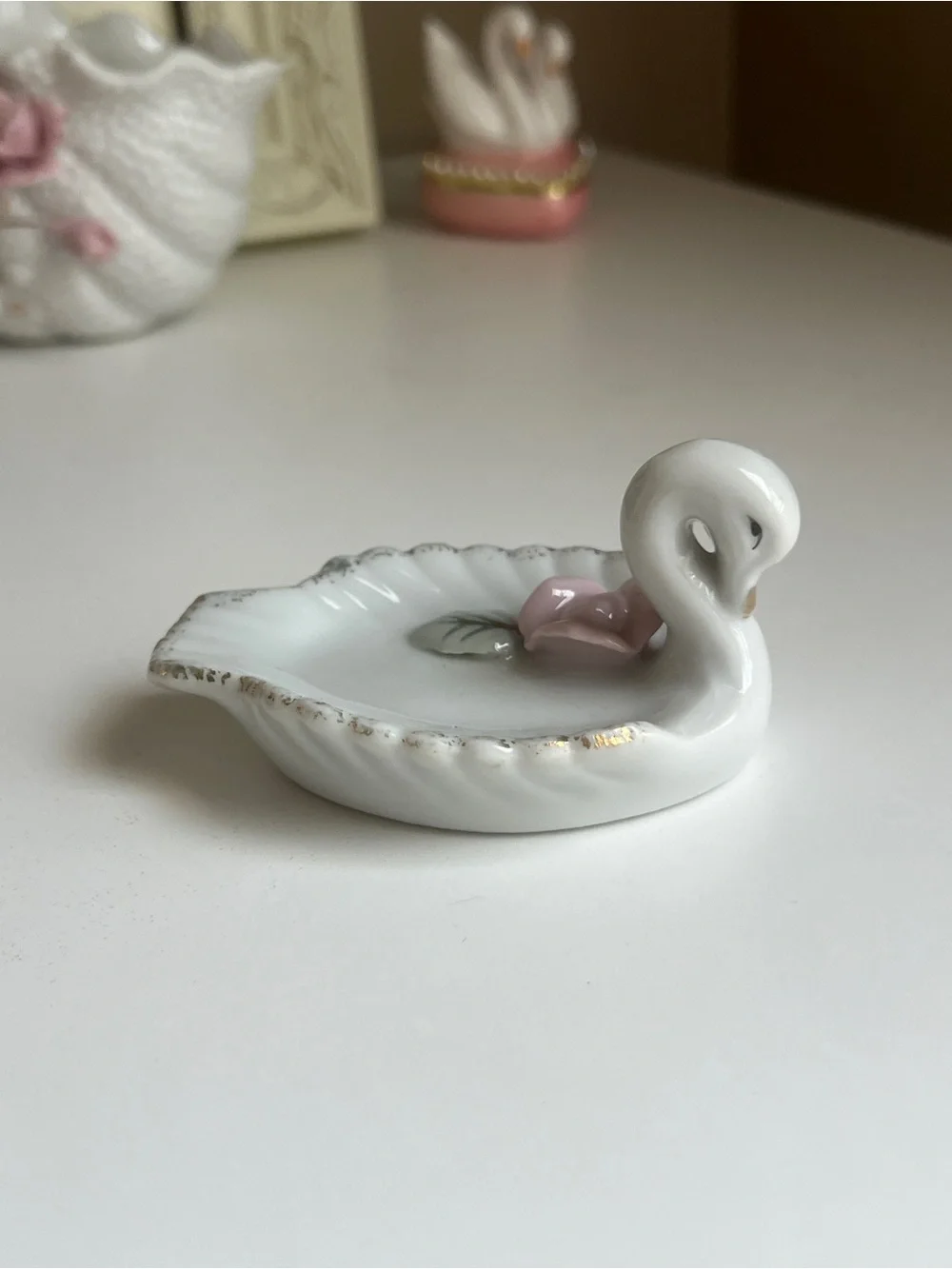 White Ceramic Swan Dish with Pink Accent - Home Accents